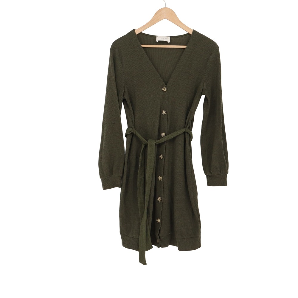French Grey Dress Womens Medium Olive Green Waffle Knit Belted Exc